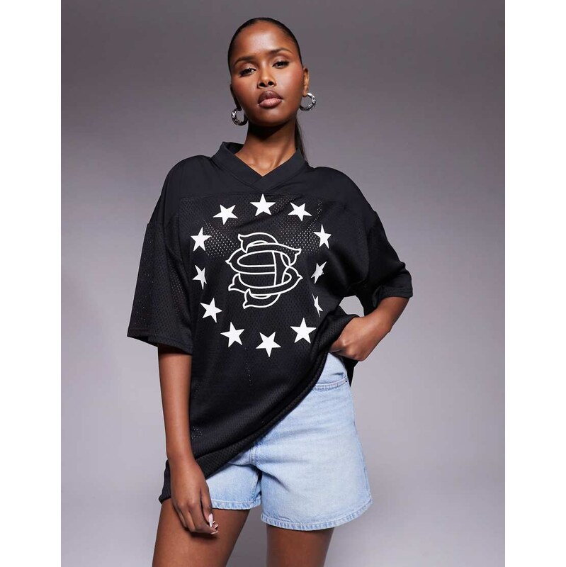 Courtside super oversized v neck jersey top in black 115070884