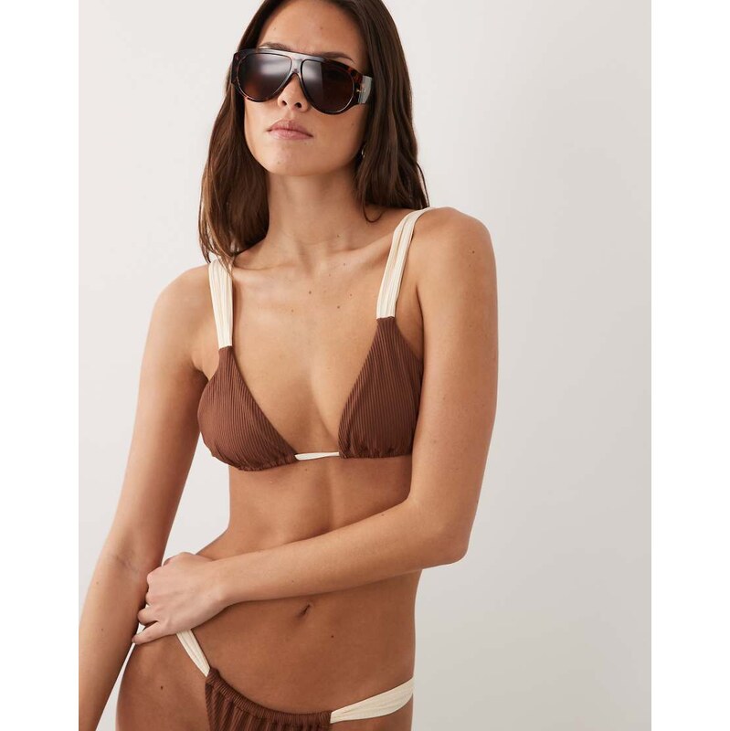 Rhythm rib soft strap triangle bikini top in chocolate brown 115057678
