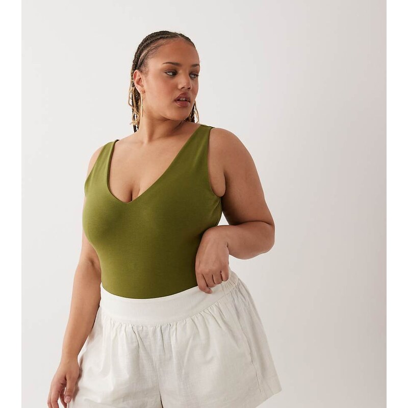 ASOS Curve ASOS DESIGN Curve compact cotton v neck bodysuit in khaki 115087316