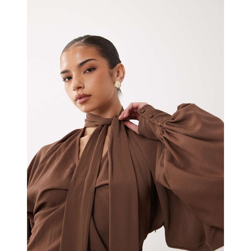 ASOS DESIGN V neck tie detail batwing blouse in brown