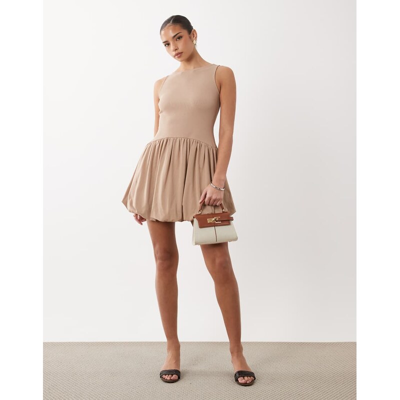 ASOS DESIGN ribbed sleeveless bubble hem mini dress in taupe
