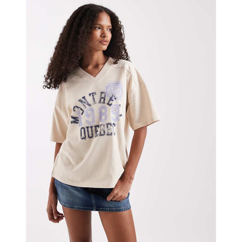 ASOS DESIGN v-neck relaxed tee with Montreal sports graphic in stone-Neutral