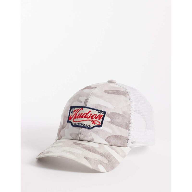 ASOS DESIGN trucker cap with embroidery in camo-White