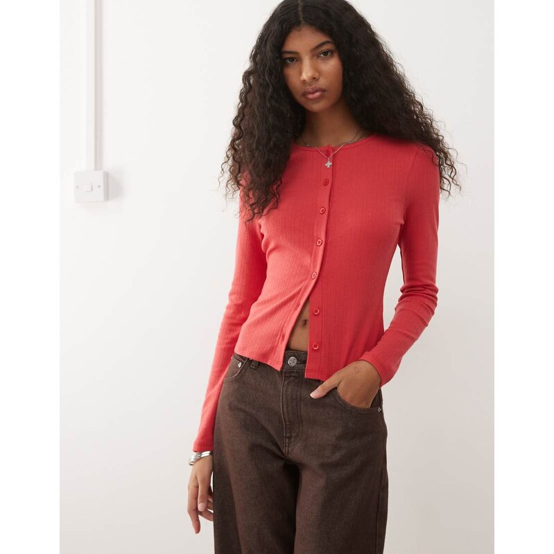 COLLUSION fitted pointelle cardigan in faded red