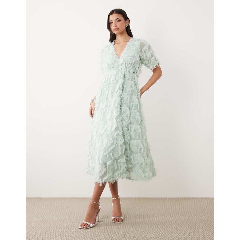 YAS textured v neck midi dress in sage green