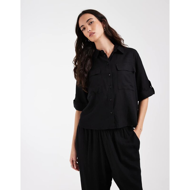 AWARE linen blend sleeve detail safari shirt co-ord in black 115057882