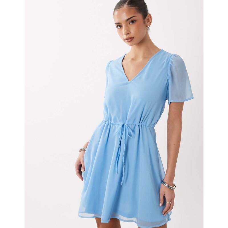 Vila waist detail short sleeve mini dress in solid blue