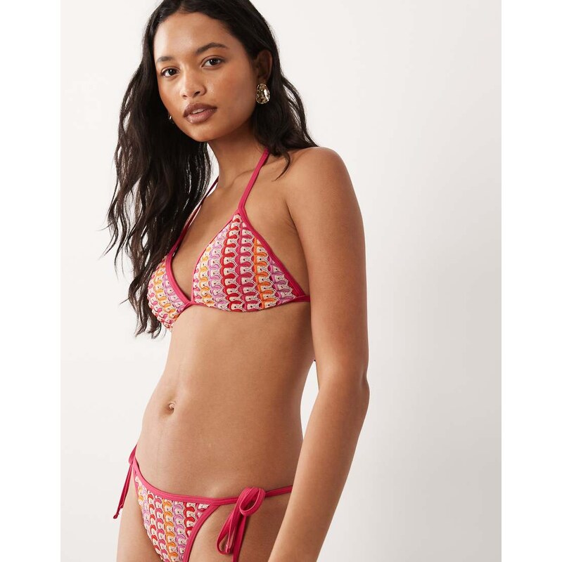 Accessorize crochet triangle bikini top in red multi