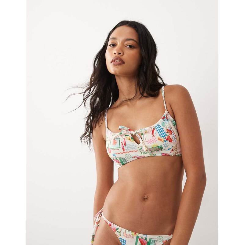 Accessorize postcard print ruched bikini top in multi