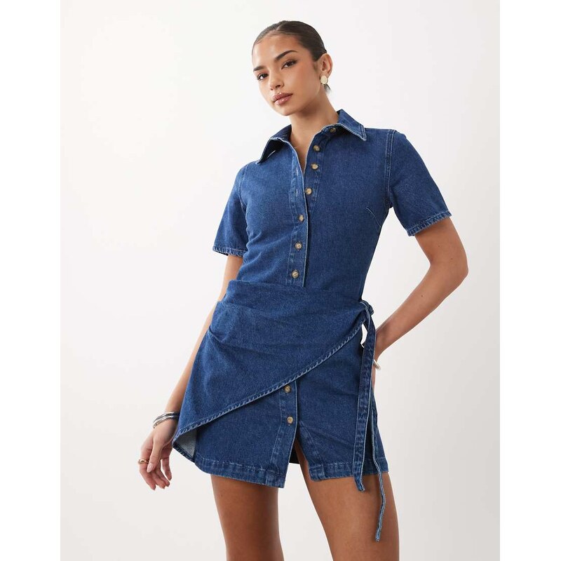 ASOS DESIGN denim shirt dress with detail in mid blue
