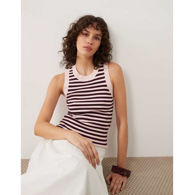 JDY knitted tank top in pink & burgundy stripes