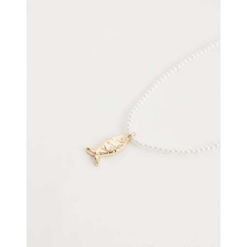ASOS DESIGN faux-pearl beaded necklace with fish pendant in gold tone 115057920