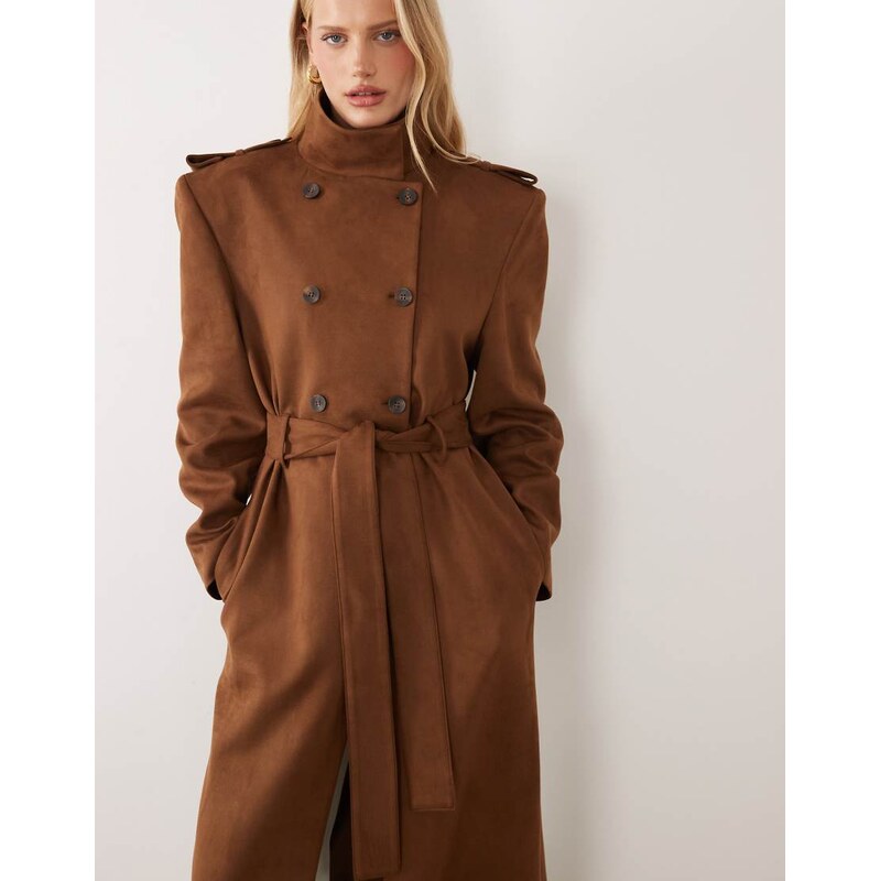 ASOS DESIGN funnel neck trench in faux suede-Neutral 115523082