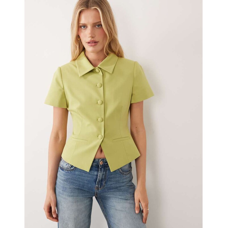 ASOS DESIGN cinch short sleeve collar blazer in green