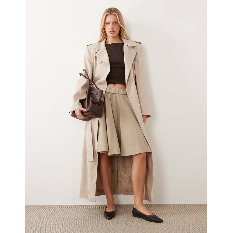 ASOS DESIGN shoulder pad tailored trench coat in stone-Neutral