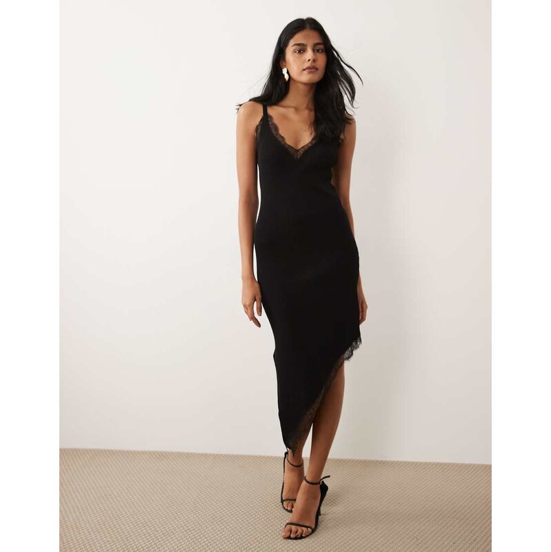 Mango asymmetric hem midi dress with lace trim in black