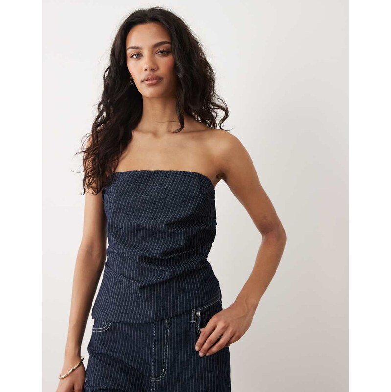 Mango Isola off shoulder denim top co-ord in dark blue stripe 115496573