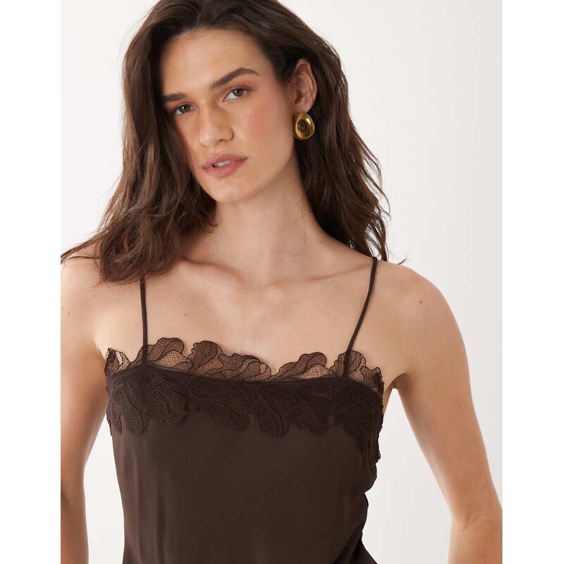 Mango strappy cami top with lace trim in brown 115057948