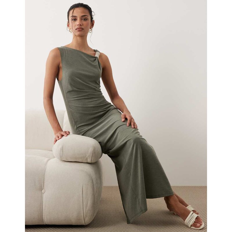 Mango twist shoulder midi dress with hardware detail in khaki