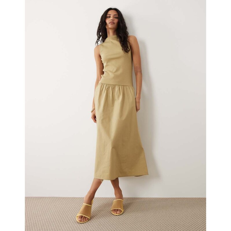 Mango cotton mix racer midi dress in khaki-Green