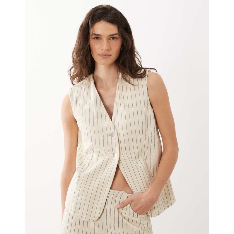 Mango Tony denim waistcoat co-ord in beige stripe-Neutral 115372873