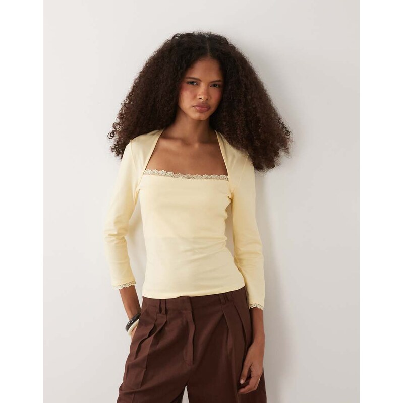 ASOS DESIGN 3/4 sleeve square neck top with lace hem in buttermilk 115071144