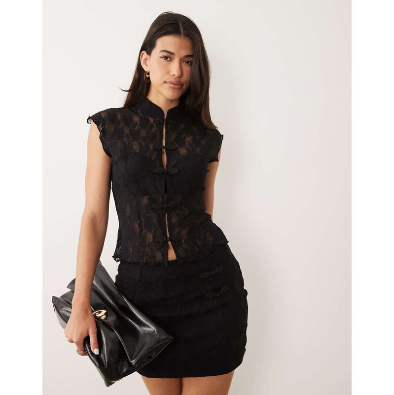 ASOS DESIGN co-ord lace mandarin waist coat in black