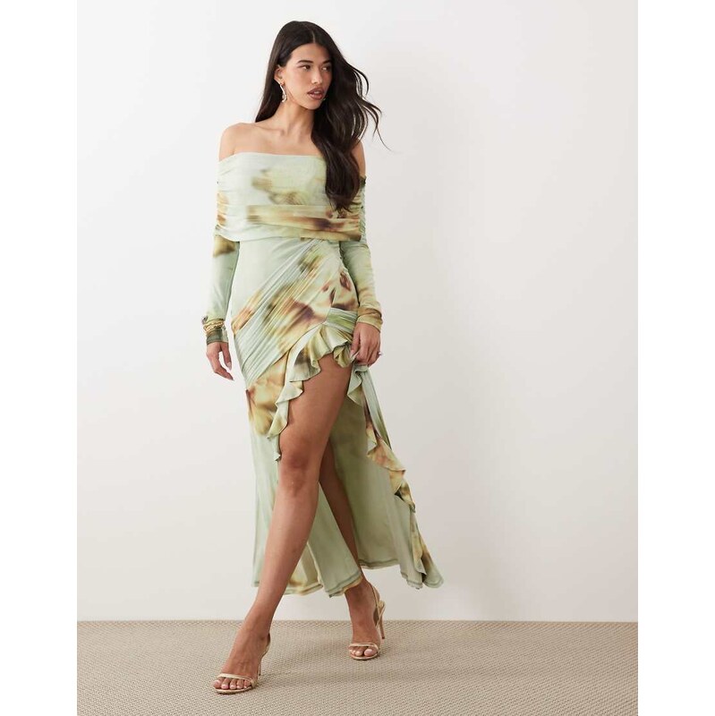 ASOS DESIGN mesh bardot maxi dress with drape and ruffle detail
