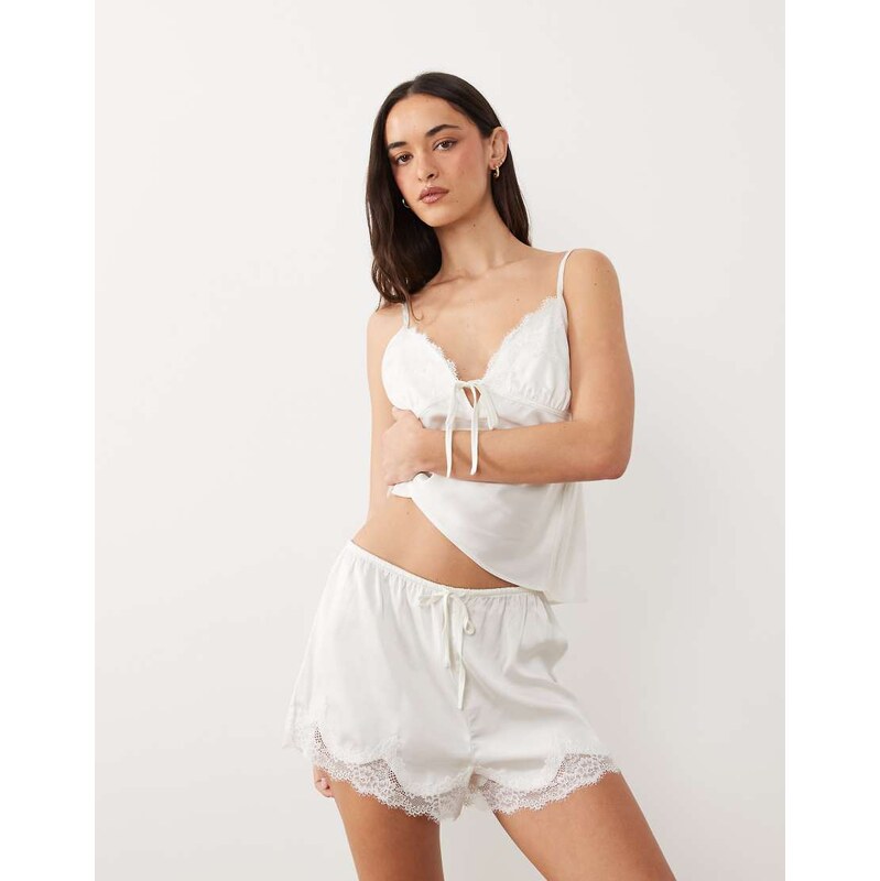 Abercrombie & Fitch satin lace trim pyjama short co-ord in cream