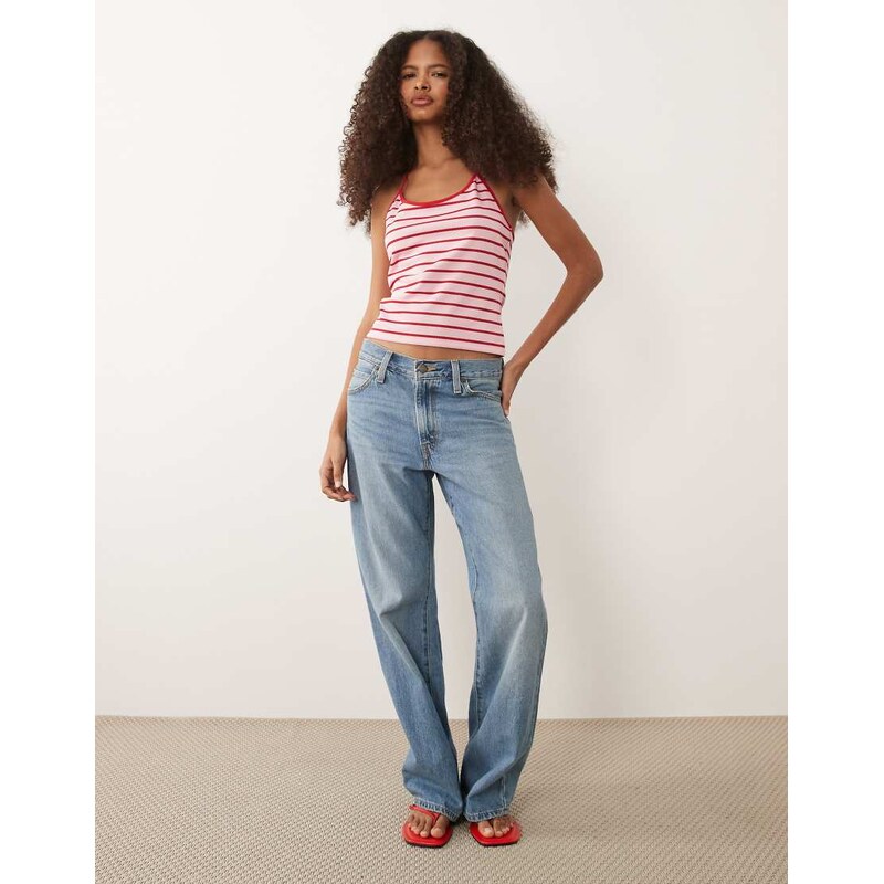 ASOS DESIGN ribbed stripe halter with contrast red binding in pink & red stripe-Multi