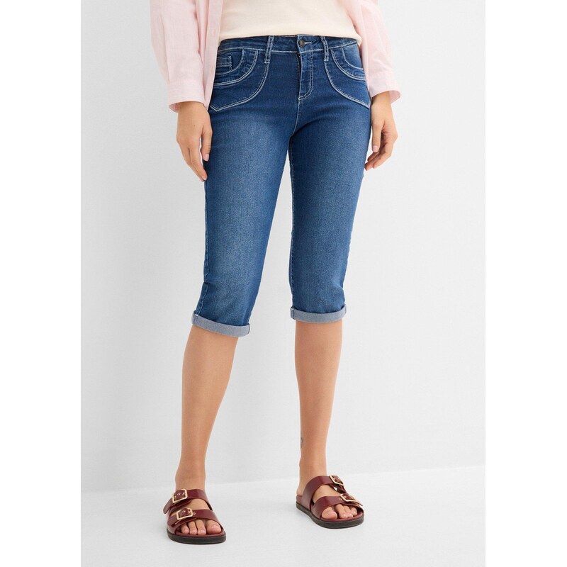 bonprix Džíny Straight Mid Waist, cropped modrá Žena