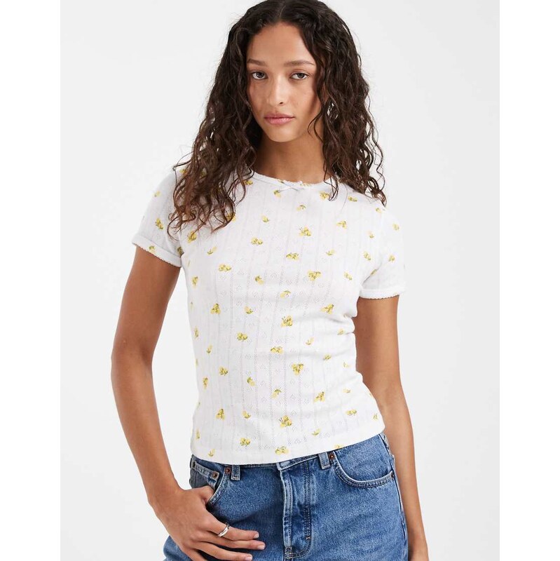 JJXX fitted pointelle top with lemon print in white