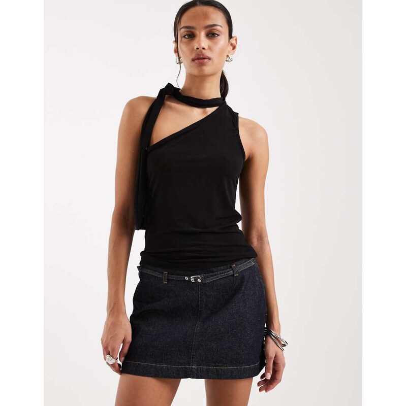 JJXX Bea one shoulder scarf sleeveless top in black