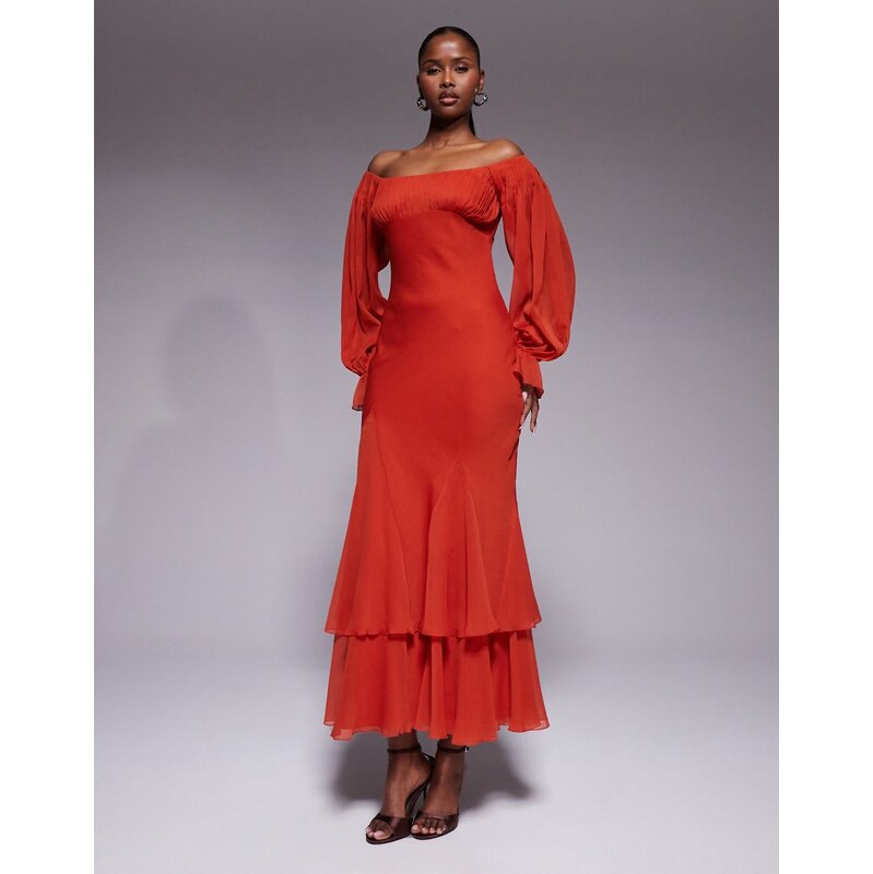 ASOS DESIGN bardot ruffle maxi dress with tiered godets and