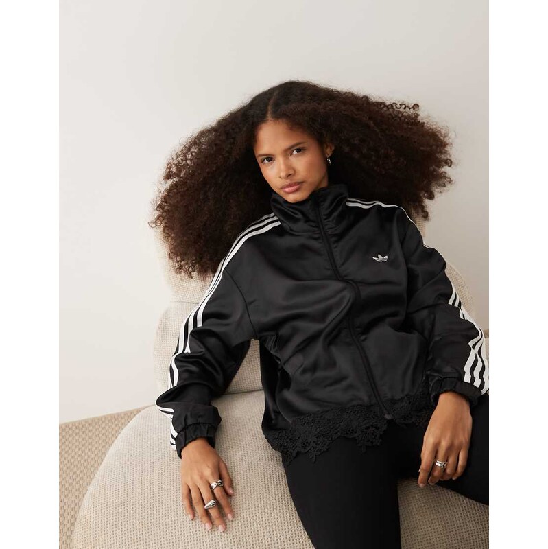 adidas Originals satin firebird track top with lace hem in black 115554983