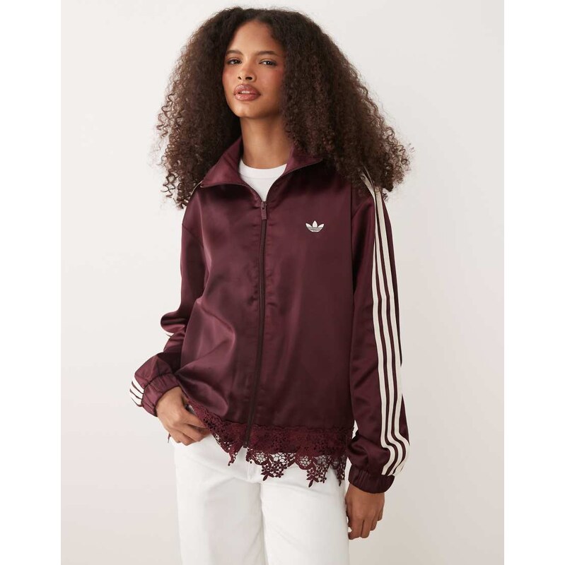 adidas Originals satin firebird track top with lace hem in burgundy 115667274
