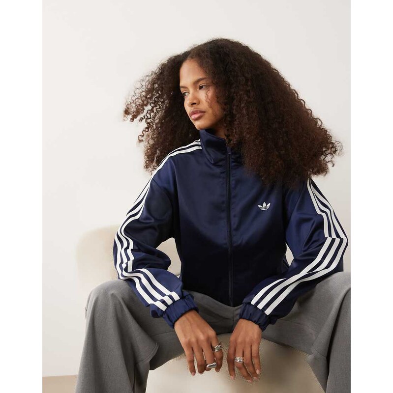 adidas Originals satin firebird track top with lace hem in navy 115634246
