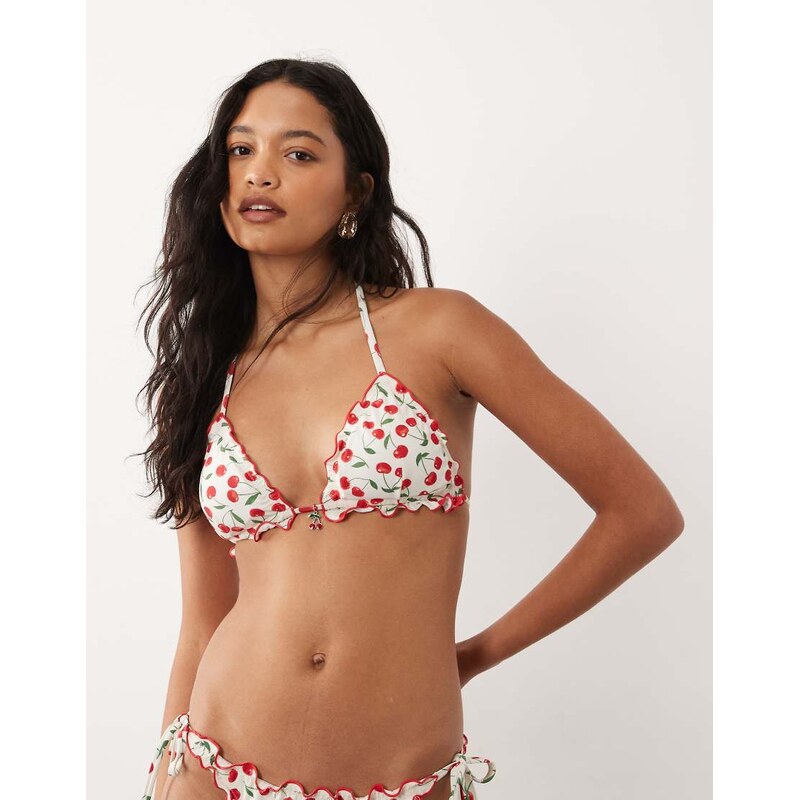 Accessorize cherry print triangle bikini top with contrast trim