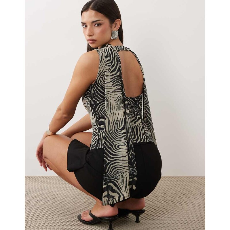 ASOS DESIGN mesh square neck top with scarf detail in zebra