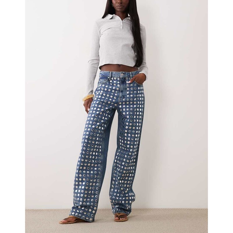 Mango Circle 100% cotton straight jean with discs in mid blue