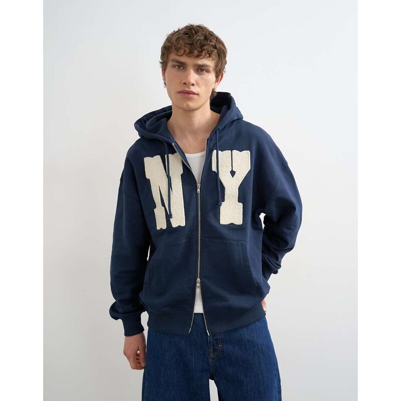 Topman boxy fit hoodie with front NY chenille patch in navy