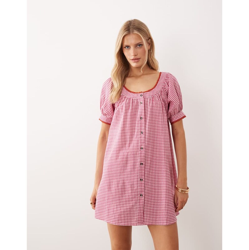 ASOS DESIGN babydoll button down mini dress in red gingham-Multi 115519678
