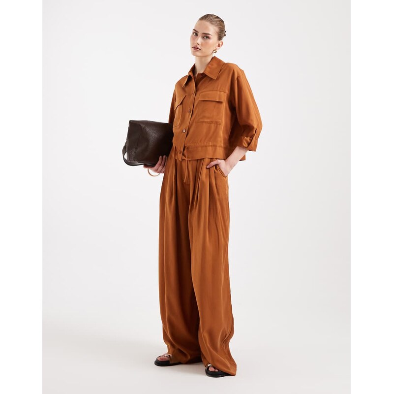 ASOS DESIGN soft textured triple pleat palazzo trouser co-ord in ginger-Brown