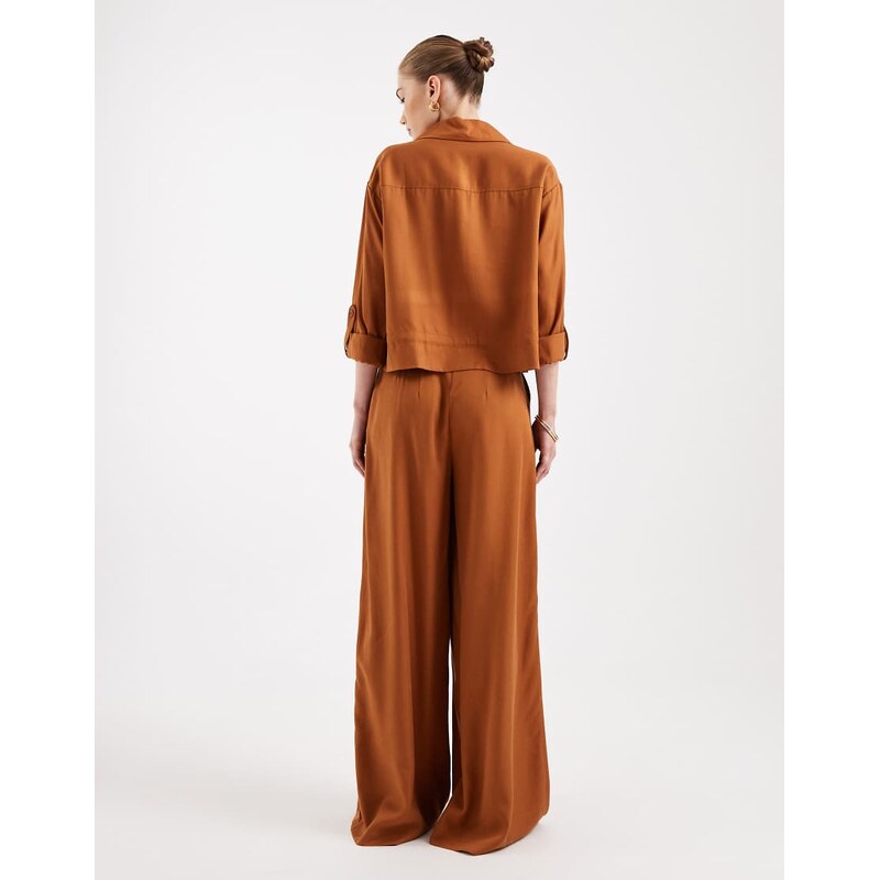 ASOS DESIGN soft textured triple pleat palazzo trouser co-ord in ginger-Brown