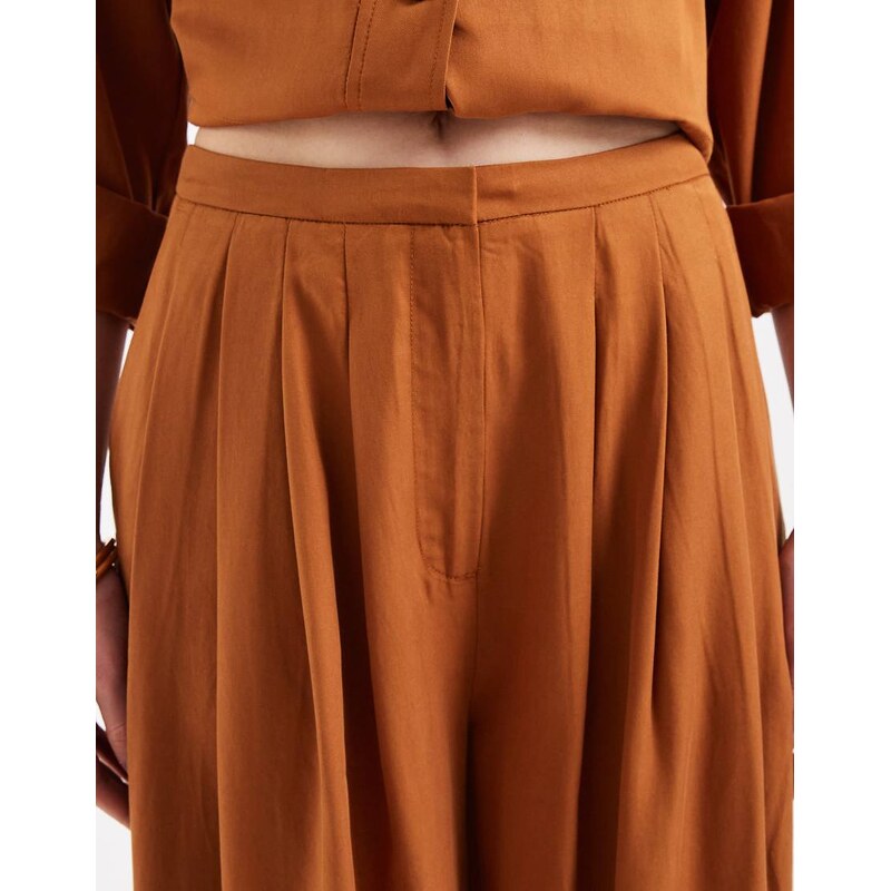 ASOS DESIGN soft textured triple pleat palazzo trouser co-ord in ginger-Brown