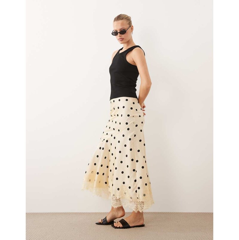 ASOS DESIGN lace hem fishtail maxi skirt in polka dot print -