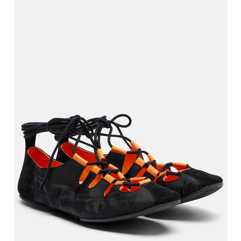 Alaia AlaÃ¯a Suede-trimmed lace-up ballet flats