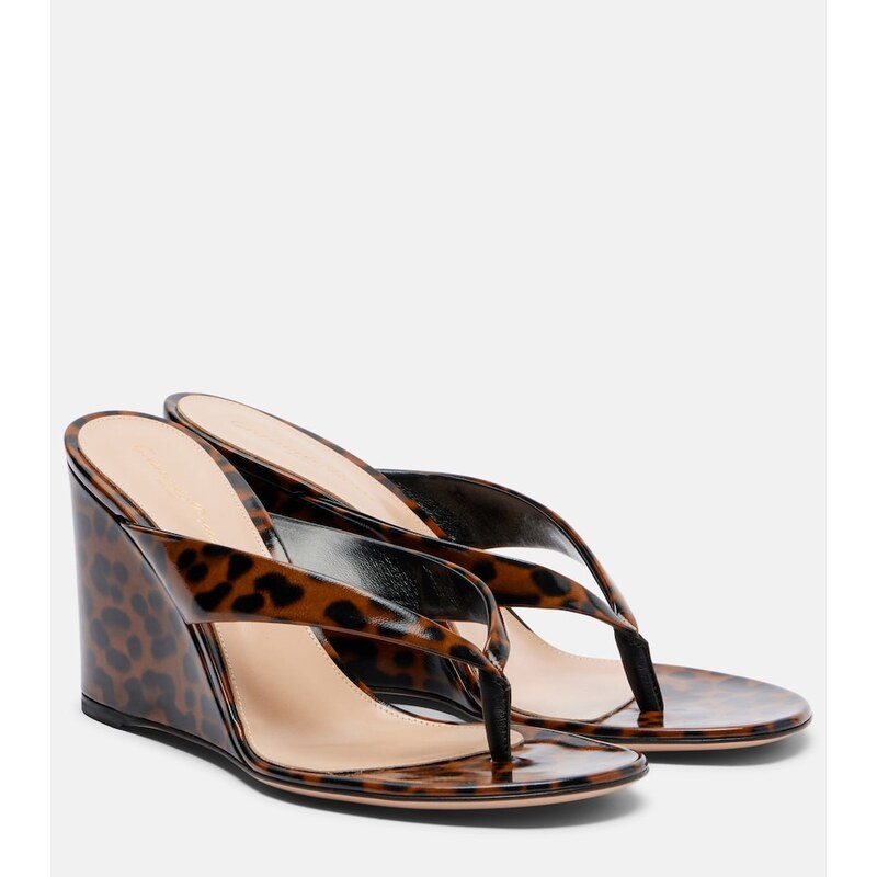 Gianvito Rossi Leopard-print leather wedge thong sandals