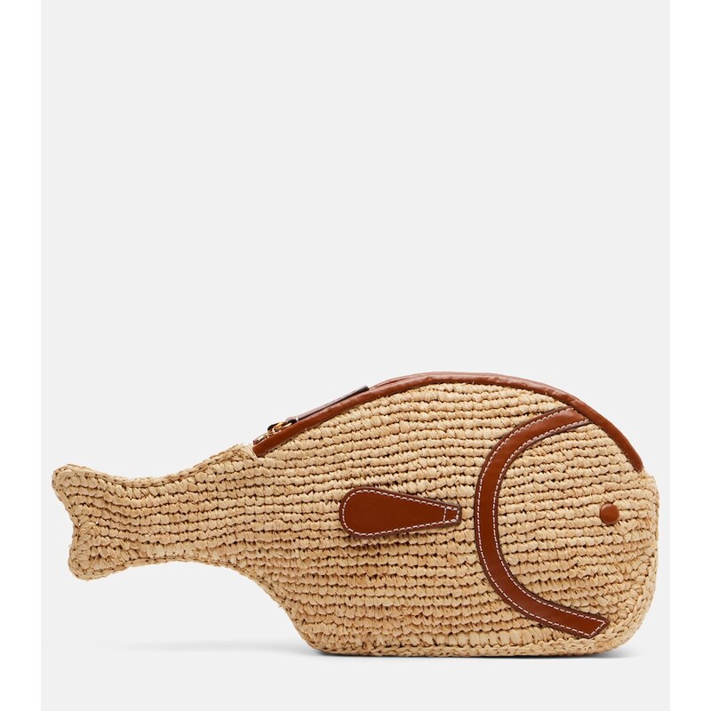 Staud Pesce leather-trimmed raffia clutch