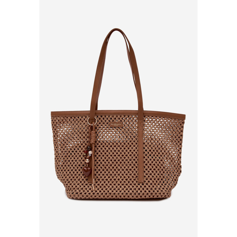 Flora&Co pletená shopper taška s přívěskem světle hnědá